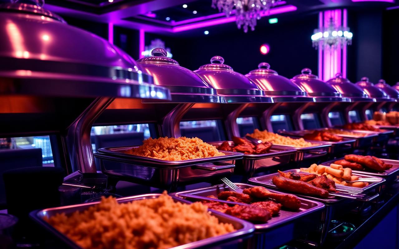 Luxury catering buffet with chafing dishes under neon