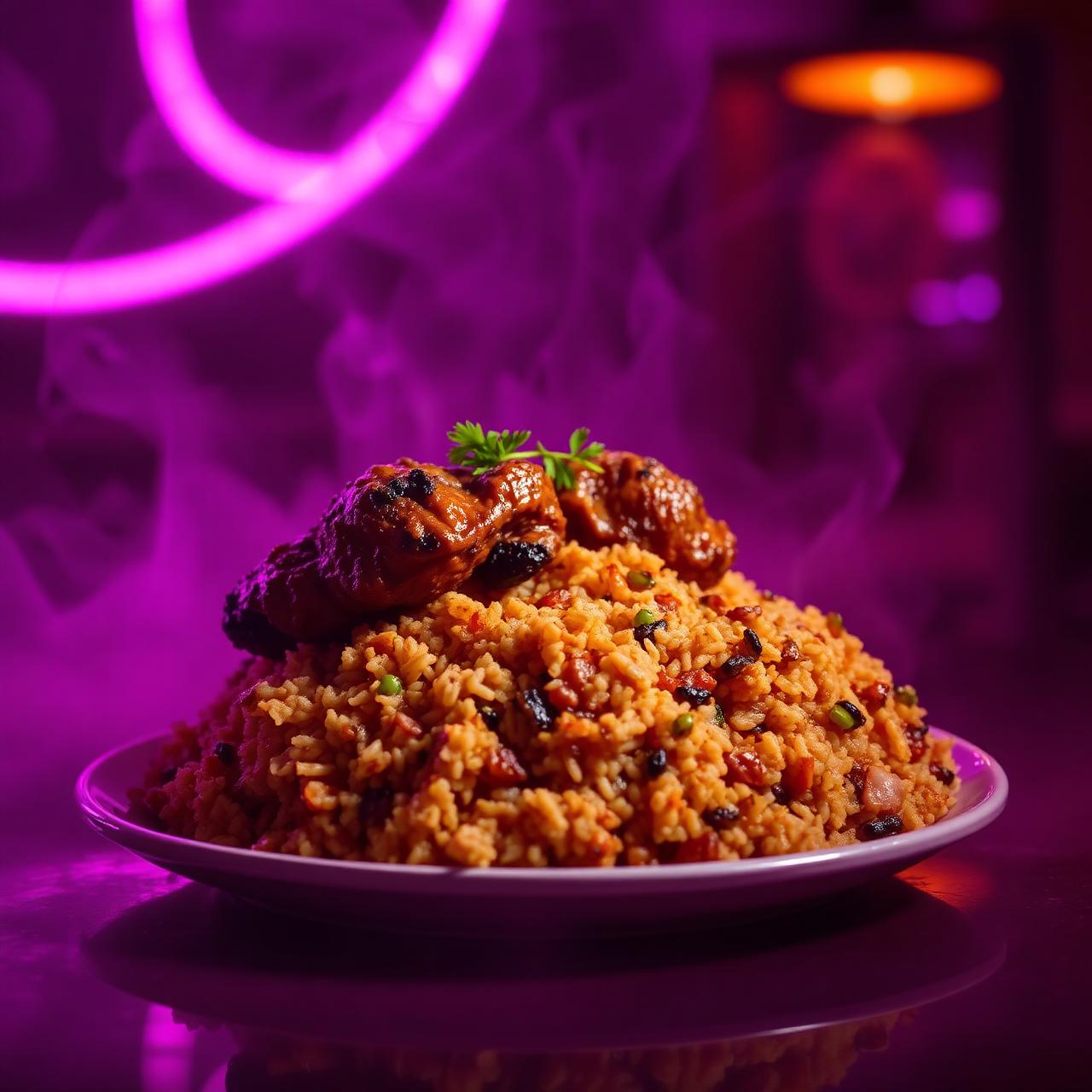 Signature jollof rice plated with grilled chicken under neon glow